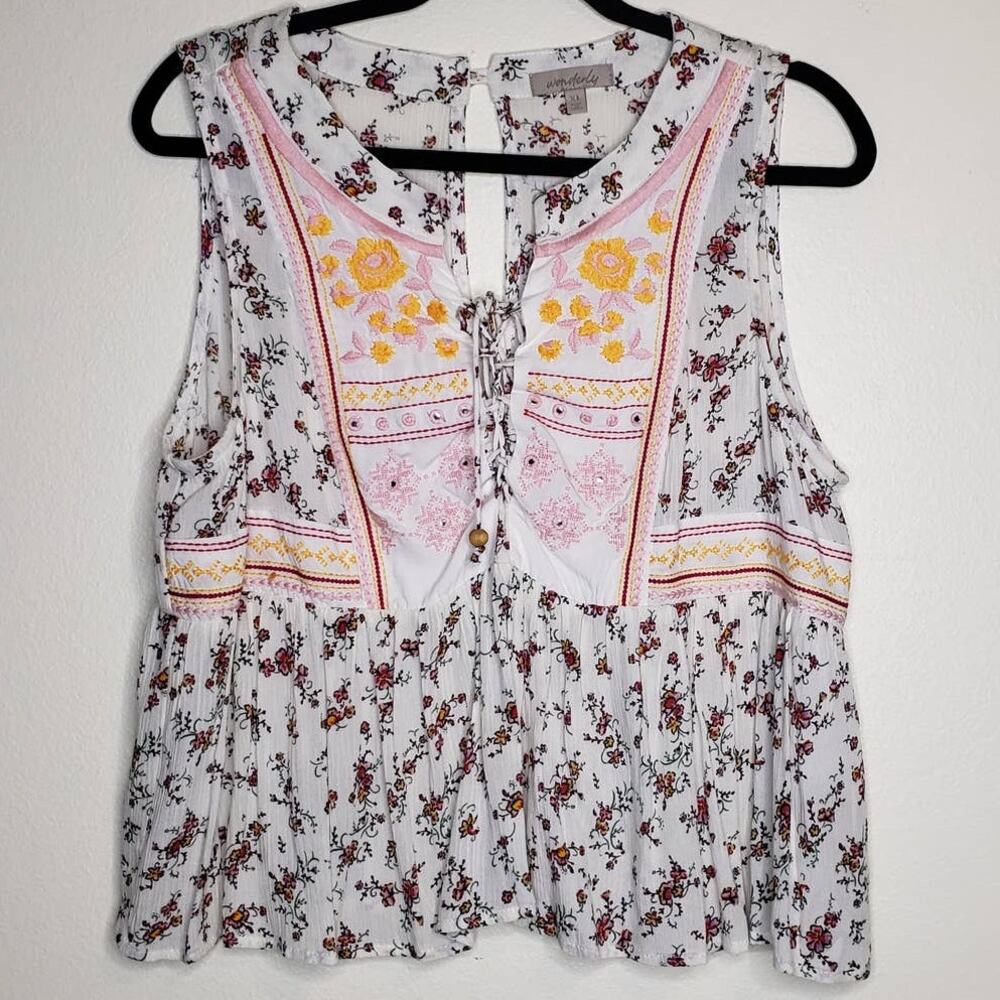Wonderly| embroidered lace-up sleeveless blouse